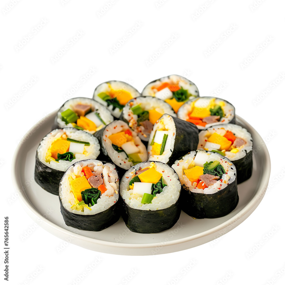 Front view of Gimbap with Korean rice rolls filled with various ingredients, such as vegetables, egg, and sometimes meat, sliced into bite-sized pieces isolated on a white transparent background Front view of Gimbap with Korean rice rolls filled with various ingredients, such as vegetables, egg, and sometimes meat, sliced into bite-sized pieces isolated on a white transparent background
