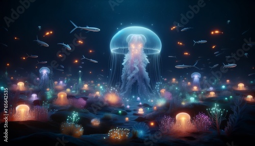 An undersea scene at night, featuring a variety of bioluminescent marine creatures. © FantasyLand86