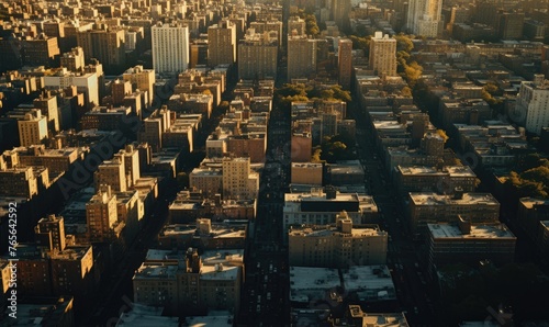 Picture from airplane over the city, street details, afternoon, golden hour, summer.