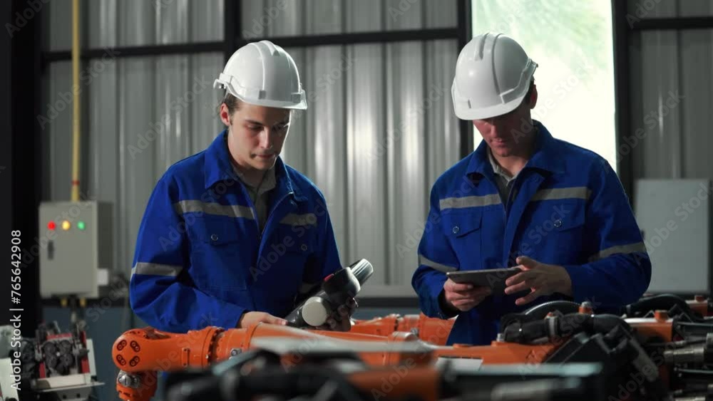 Factory workshop: professional male engineer Male machine operator uses an industrial digital tablet computer to operate and program a robot arm for the production line. High tech facilities with mach Factory workshop: professional male engineer Male machine operator uses an industrial digital tablet computer to operate and program a robot arm for the production line. High tech facilities with mach