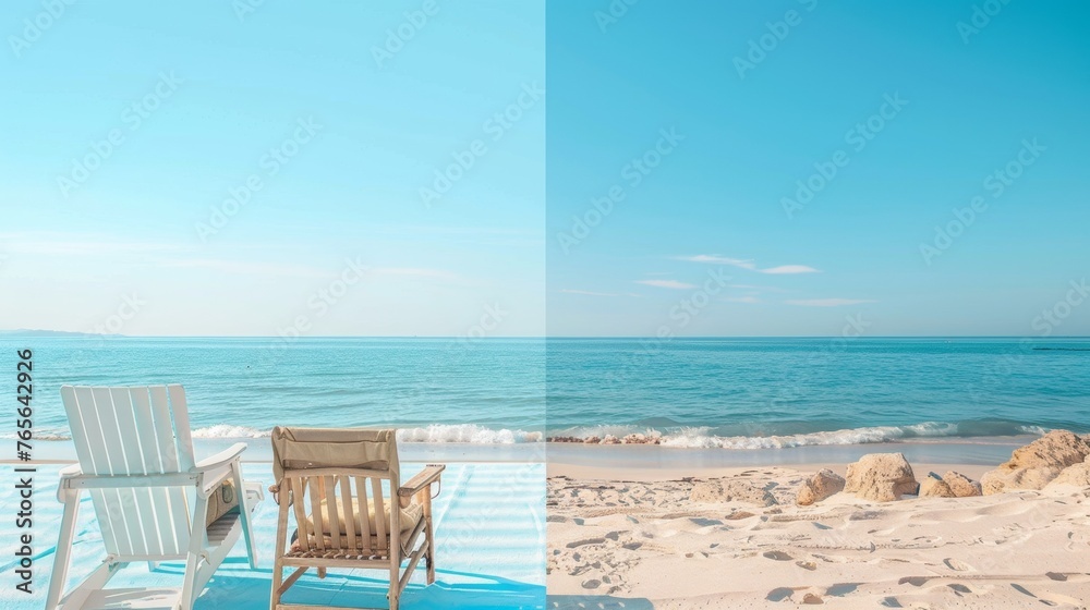 A banner related to the beach, outdoor recreation and serenity. The colors are beige and light blue