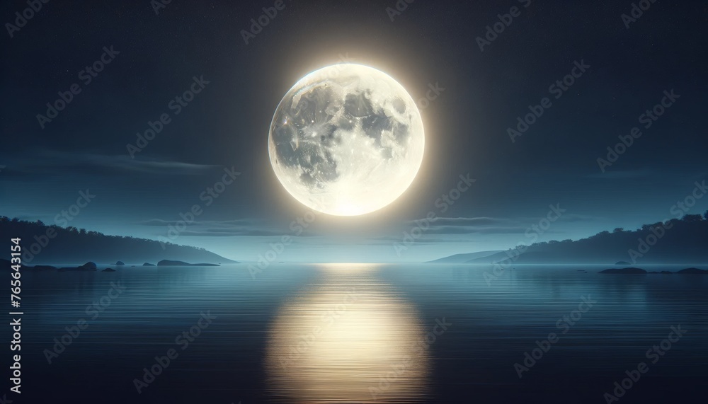 A serene night scene with a single, large, glowing moon hanging low in the sky, casting a gentle light over a quiet, undisturbed lake.