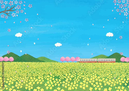 桜と電車と菜の花の水彩の景色