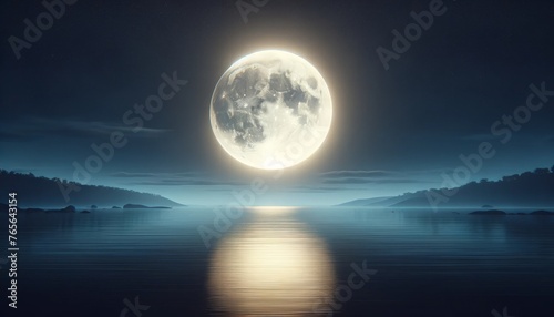 A serene night scene with a single  large  glowing moon hanging low in the sky  casting a gentle light over a quiet  undisturbed lake.