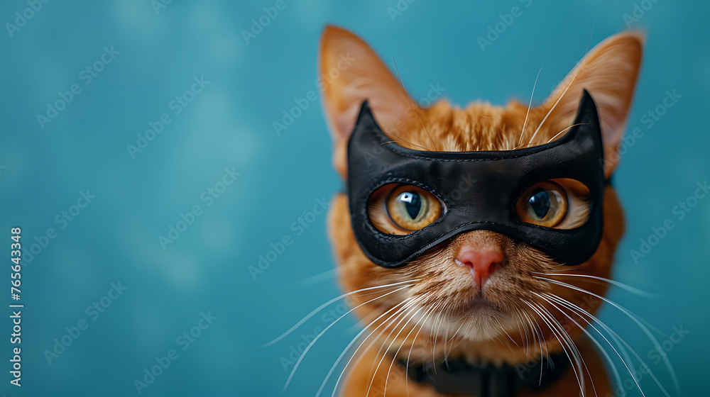 An orange cat wearing a black mask, in front of a bright blue background