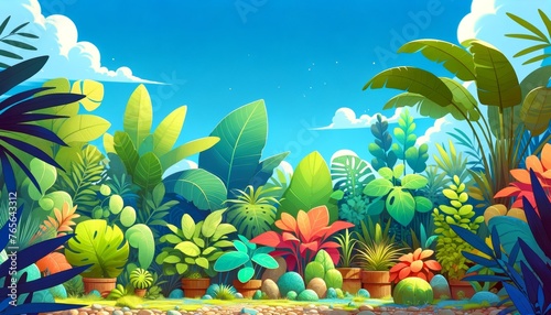 A vibrant scene featuring a variety of tropical plants with large, broad leaves in multiple shades of green, set against a bright blue sky.