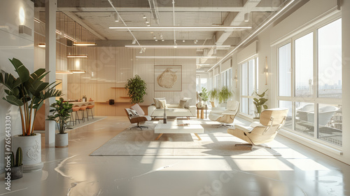 A chill breakout area for a cool studio office, light bright neutral tones. Generative AI. photo