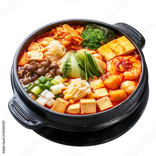 Front view of Kimchi Hot Pot with a bubbling Korean hot pot filled with kimchi, tofu, vegetables, and a variety of proteins isolated on a white transparent background