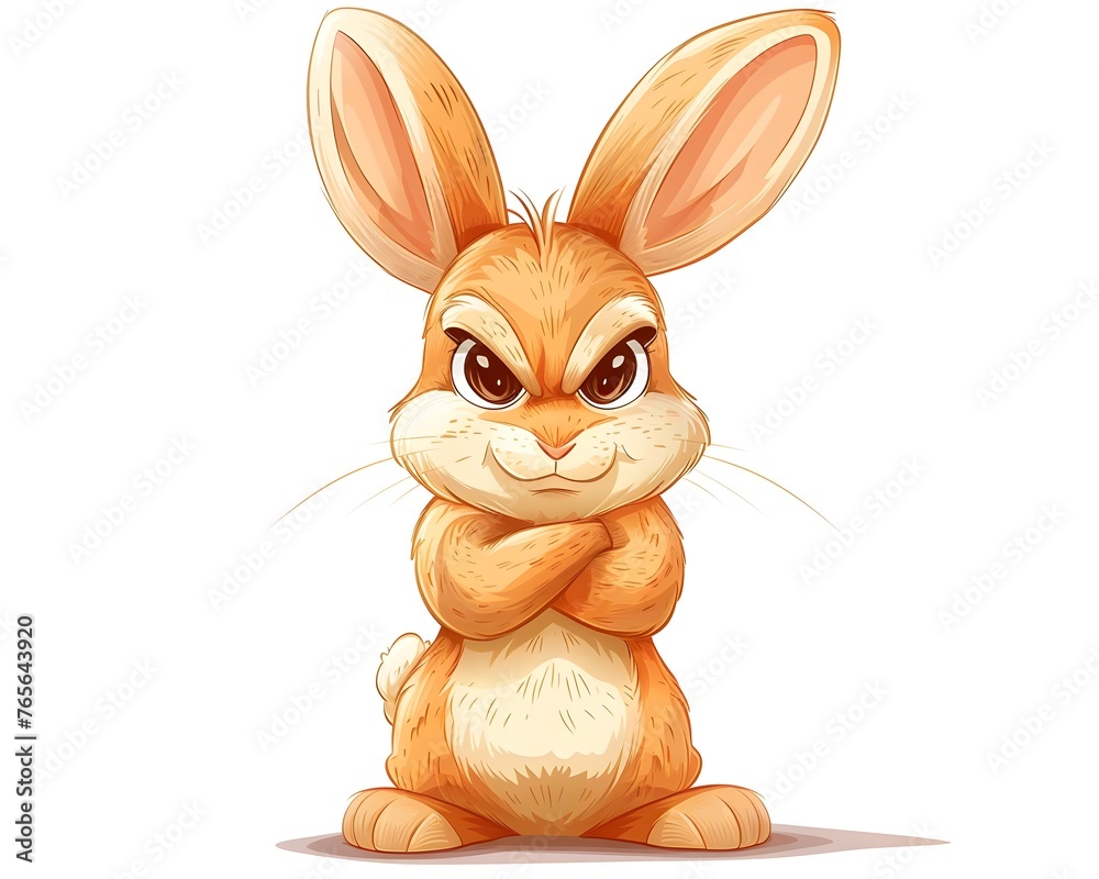 Expressive Cartoon Rabbit Expressing Frustrated Emotions with Crossed Arms and Puffed Cheeks on Isolated White Background - obrazy, fototapety, plakaty 