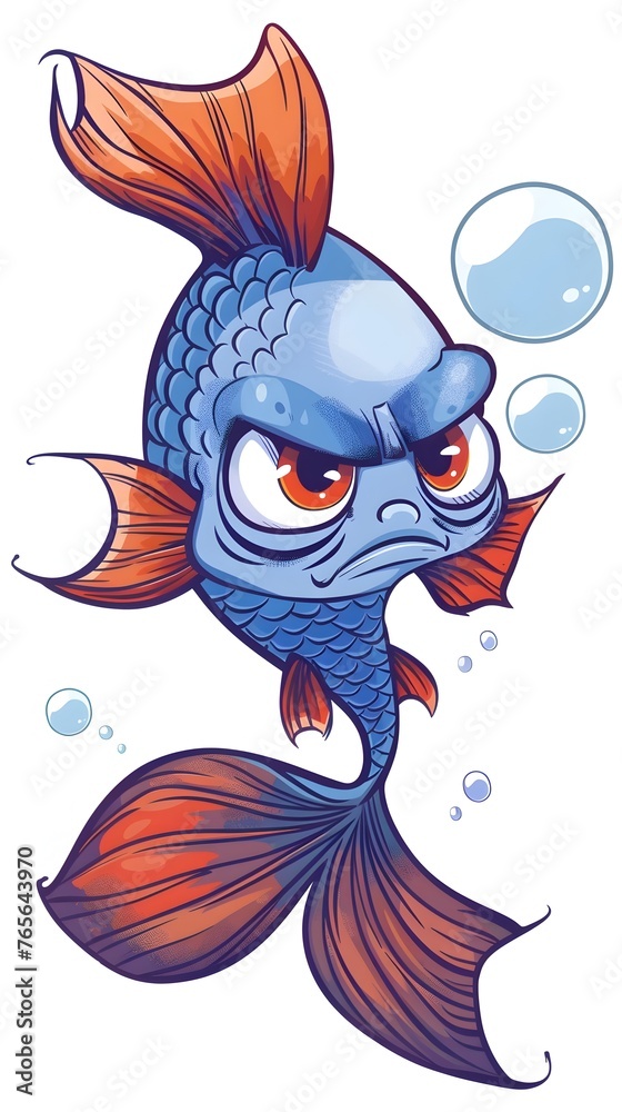 Disgruntled Cartoon Fish Floating in Bubble on White Background