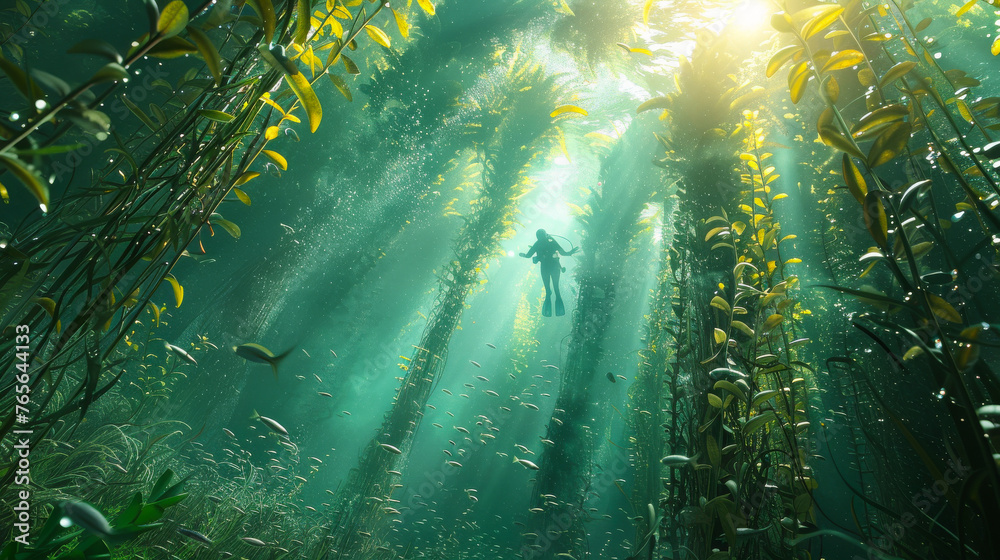 Obraz premium A 3D model showcasing a serene underwater kelp forest scene
