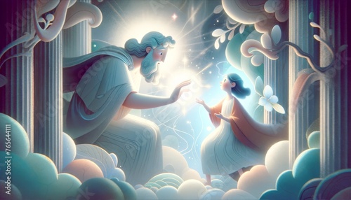 A whimsical, animated art style image depicting the moment Apollo, the Greek god, grants the gift of prophecy to Cassandra. photo
