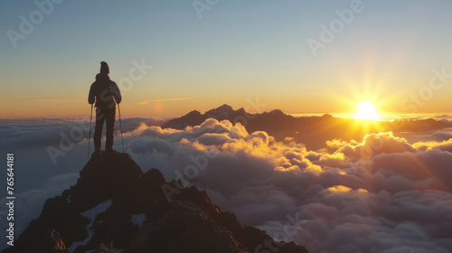A hiker standing atop a mountain summit at sunrise the panoramic view showing a sea of clouds below and distant peaks aglow with the first light