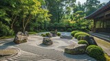 A beautiful Zen garden with a raked sand and stone pattern, carefully placed rocks, and lush green moss.