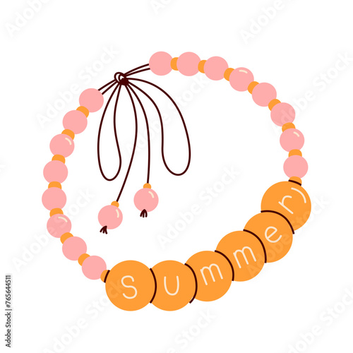 A handmade bracelet with the inscription Summer. Jewelry and costume jewelry for children. Beading, handmade, fashion. Friendship bracelet. Isolated on a white background. Stylish accessory for hand.