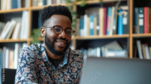 A young man is sitting in a library, smiling while looking at his laptop. He is wearing glasses and has a beard. photo