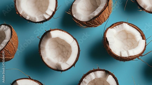 Seamless Pattern of Coconut Halves on Blue Background, Flat Lay
