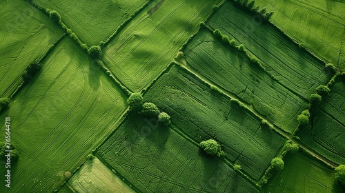 An aerial view of a patchwork of green fields, with trees and hedgerows.