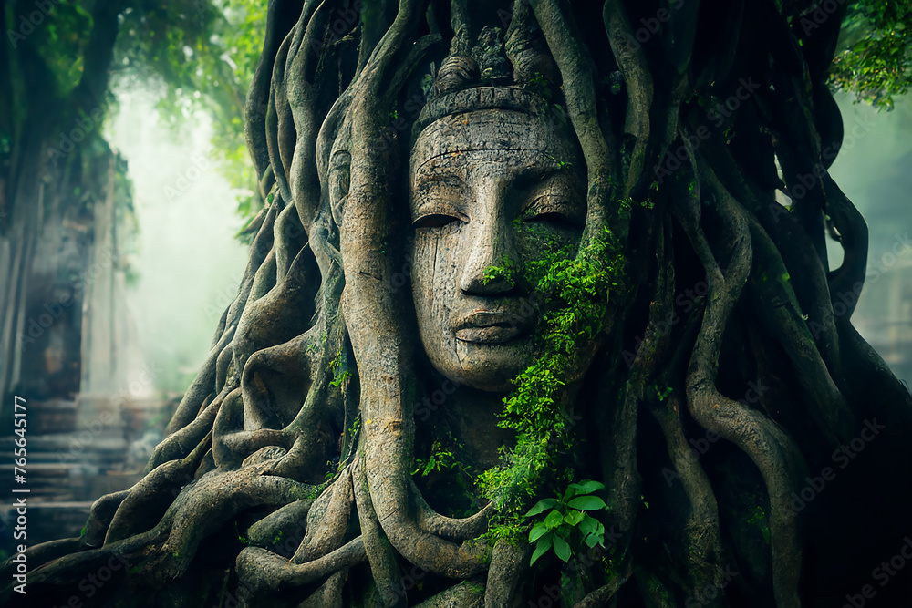 A tree entangled with vines and the face of the ancient god of Mayan culture. 
