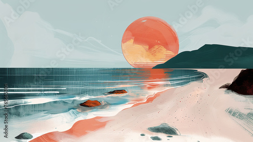 beautiful digital illustration of pacific ocean sea with big sun in the background, calm pastel colors