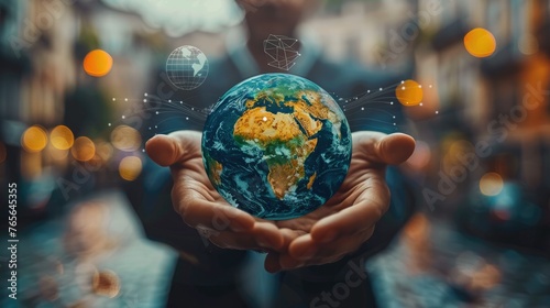 A corporate social responsibility concept with a business man holding an earth globe, with a digital icon. Generative AI.