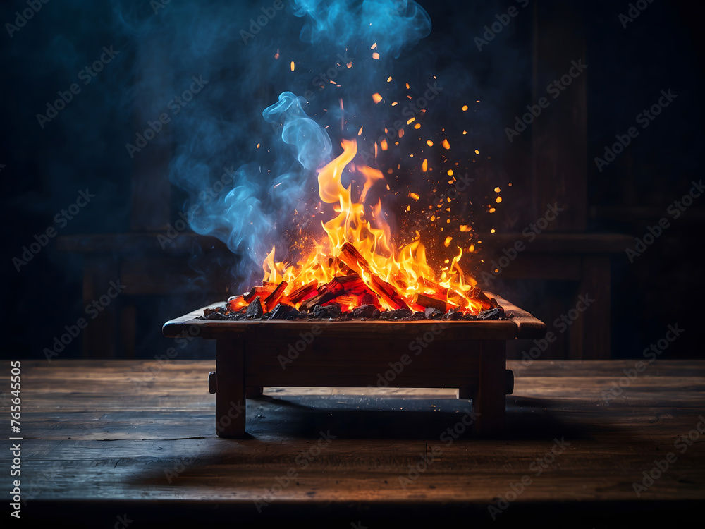 A wooden table with a fire burning at the edge, emitting particles, sparks, and smoke into the air, is set against a dark background to showcase products. A wooden table with a fire burning at the edge, emitting particles, sparks, and smoke into the air, is set against a dark background to showcase products.