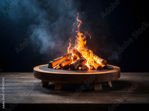 A wooden table with a fire burning at the edge, emitting particles, sparks, and smoke into the air, is set against a dark background to showcase products.