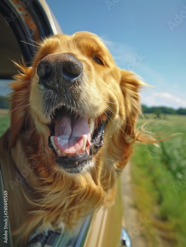 dog's head leaning outside of the car window. ai generated