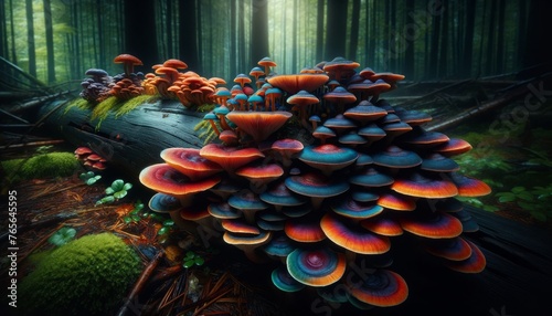 A close-up view of a colorful mushroom or group of fungi growing on a fallen tree log in a dense forest.