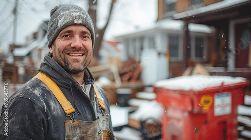 A happy handyman wearing an overall standing in front of the house he is working, with in the background a red construction dumpster. Generative AI.