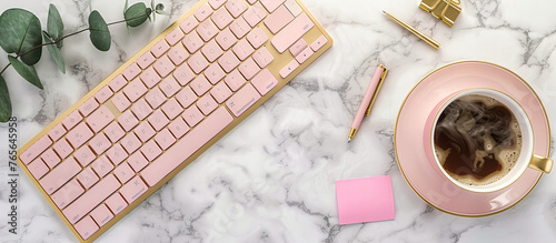 Modern Feminine Office Desk with Pink Laptop, Stylish Workspace Concept, Top View Flat Lay with Coffee and Flowers