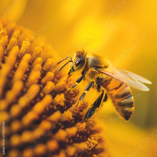 Closeup view of honey bee pollinating sunflower