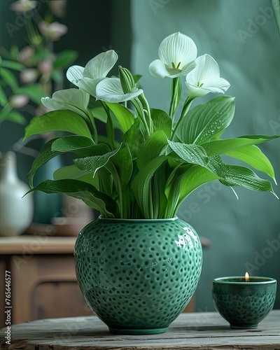 Cypripedium Orchid in a Ceramic Japanese Style Vase