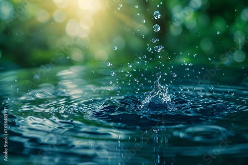 Close-up of water surface with droplets and green bokeh