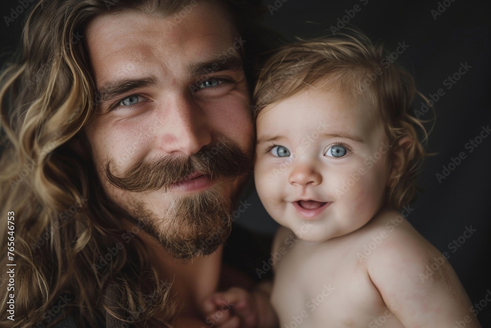 Portrait of Attractive Man with Long Hair and Mustache Holding Baby in Dark Studio Portrait of Attractive Man with Long Hair and Mustache Holding Baby in Dark Studio