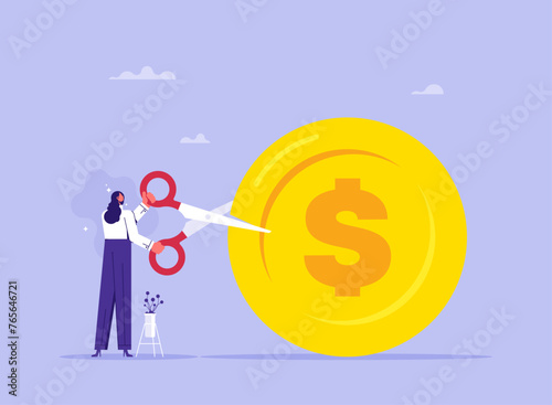 Financial concept of cost reduction management, businesswoman with scissors cutting dollar coin, big discount