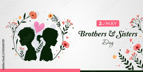 brothers and sisters day, may 2. illustration of the silhouette of a boy and girl with floral ornaments. Design for national day celebration. silhouettes of little boys and girls	