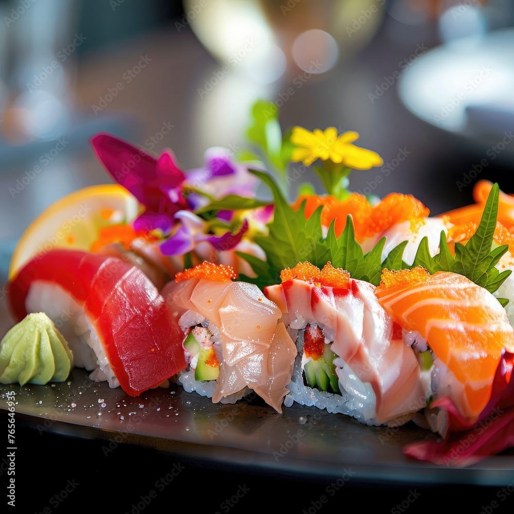 Close-up shot of a beautifully arranged sushi platter with vibrant colors focusing on the details of the fresh fish and garnishes Close-up shot of a beautifully arranged sushi platter with vibrant colors focusing on the details of the fresh fish and garnishes