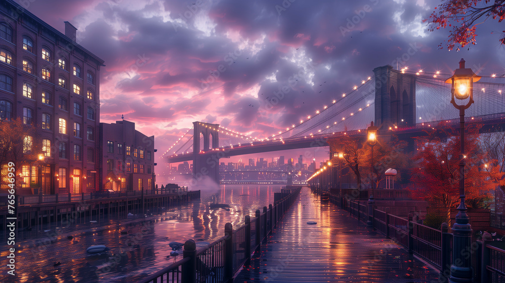 Fototapeta premium A serene twilight scene capturing an iconic suspension bridge, with radiant street lamps lining the historic brick buildings leading to the waterfront