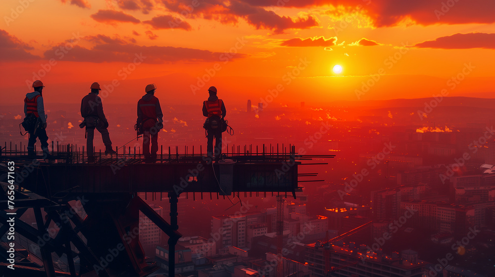 Construction workers in a relaxed pose, eating lunch on a girder with the sun setting over a city undergoing transformation, reflecting both the past and future of urban development - obrazy, fototapety, plakaty 
