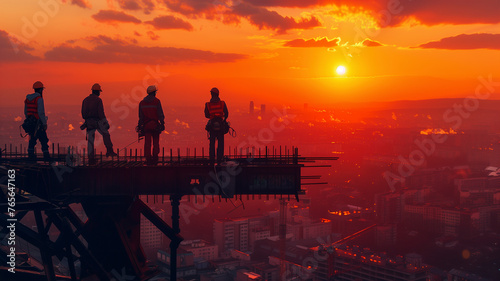 Construction workers in a relaxed pose, eating lunch on a girder with the sun setting over a city undergoing transformation, reflecting both the past and future of urban development photo