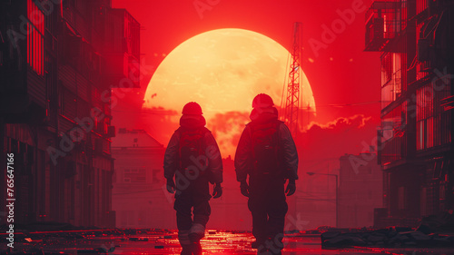 Construction workers outlined against the vibrant glow of a setting sun, with the silhouette of a crane hoisting materials on a high-rise build