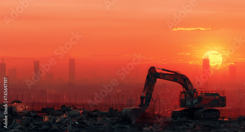Dynamic view of an excavation machine at work, its boom and bucket against the backdrop of a busy construction site bordered by the silhouette of a growing city