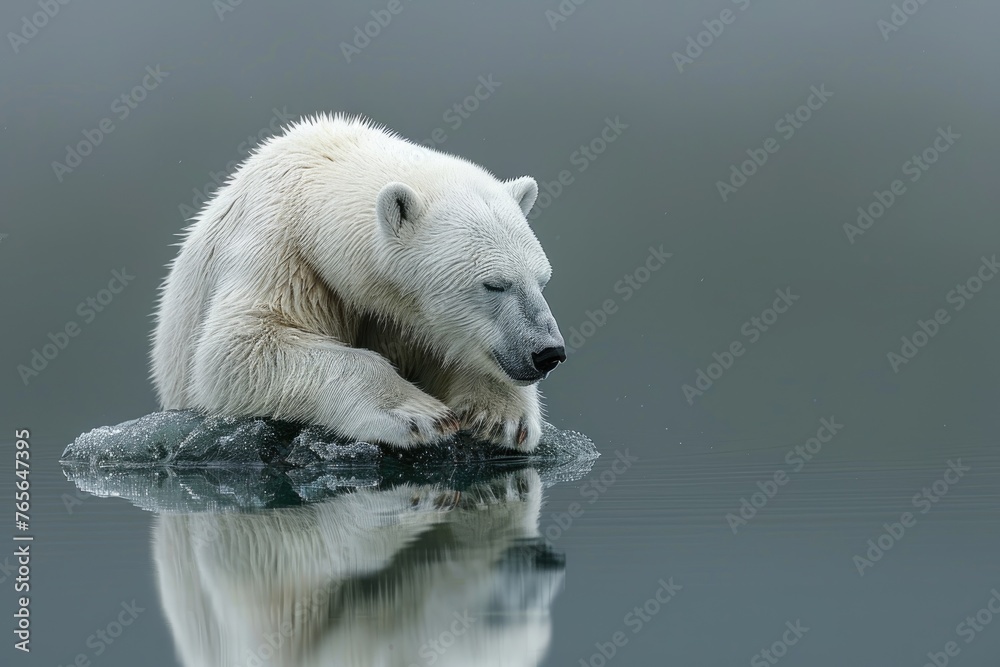 Fototapeta premium a sad polar bear sitting on a piece of ice professional photography
