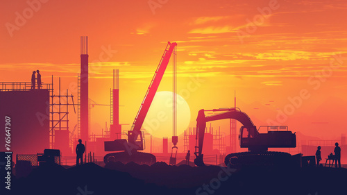 Minimalist vector scene capturing the end of a workday, with construction figures and machinery outlined sharply against a radiant sunset backdrop