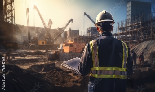Back shot of civil engineer who controls the construction process at the construction site.