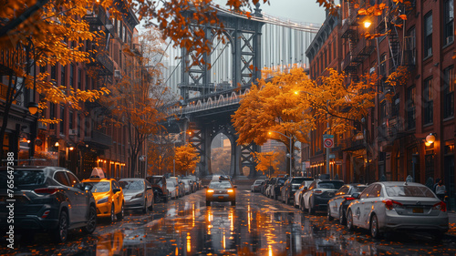 The majestic span of a grand suspension bridge towering over an old city street, the warm glow of the streetlights casting reflections on the parked cars below © Allan