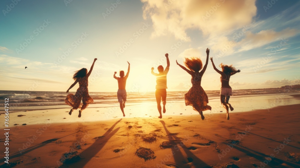 A group of people are jumping in the air on a beach A group of people are jumping in the air on a beach