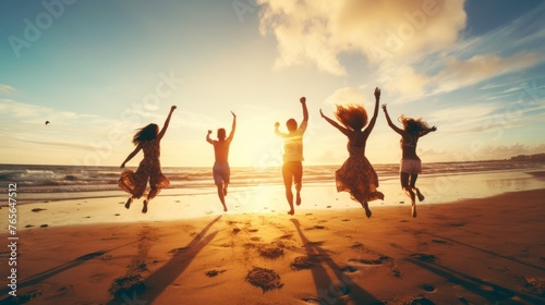 A group of people are jumping in the air on a beach