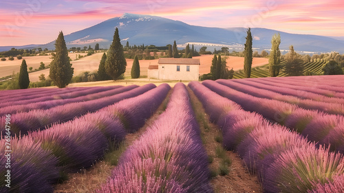 French lavender flowers field, traditional house and mountains at sunset.